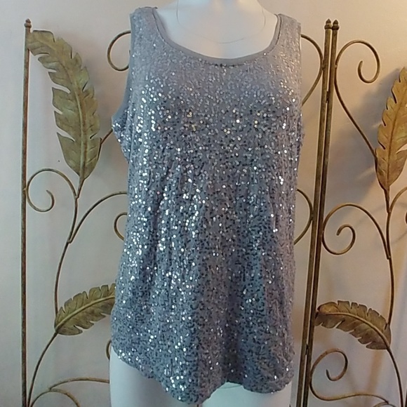 Lynne Ritchie Silver Tops - Lynne Ritchie Silver Silver Sequins Stretch Top L